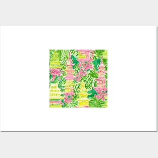 Yellow, pink and green pagodas, leaves and cherry blossom Posters and Art